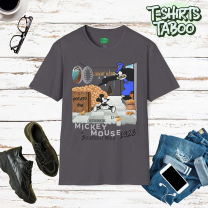 Introducing Mickey Mouse, celebrate the timeless charm of Mickey Mouse with this exclusive t-shirt featuring a iconic image from his debut in "Steamboat Willie."