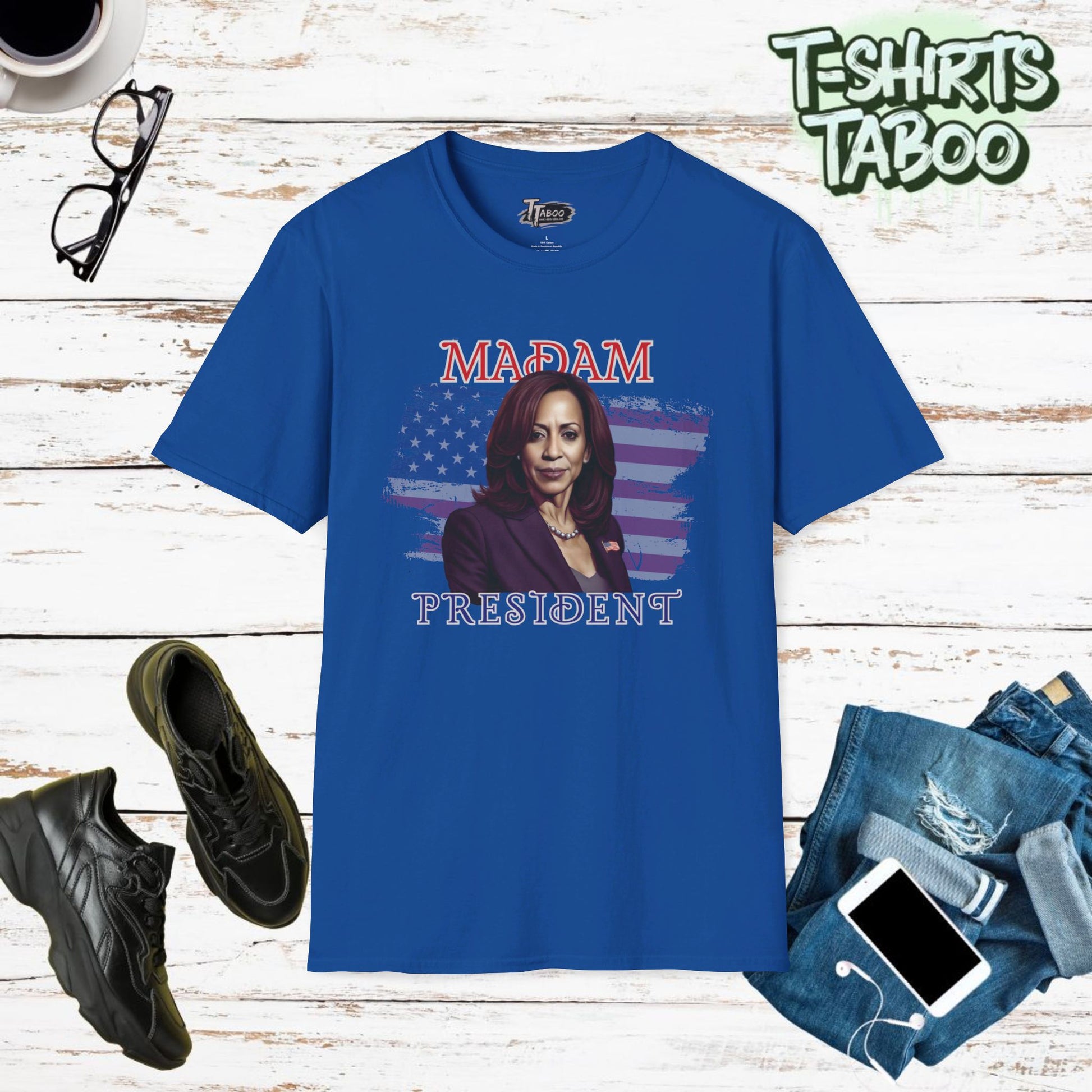 Madam President Patriotic Women's T-Shirt – Bold Leadership Graphic Tee Celebrate powerful leadership and make a statement with this Madam President Harris T-shirt! 