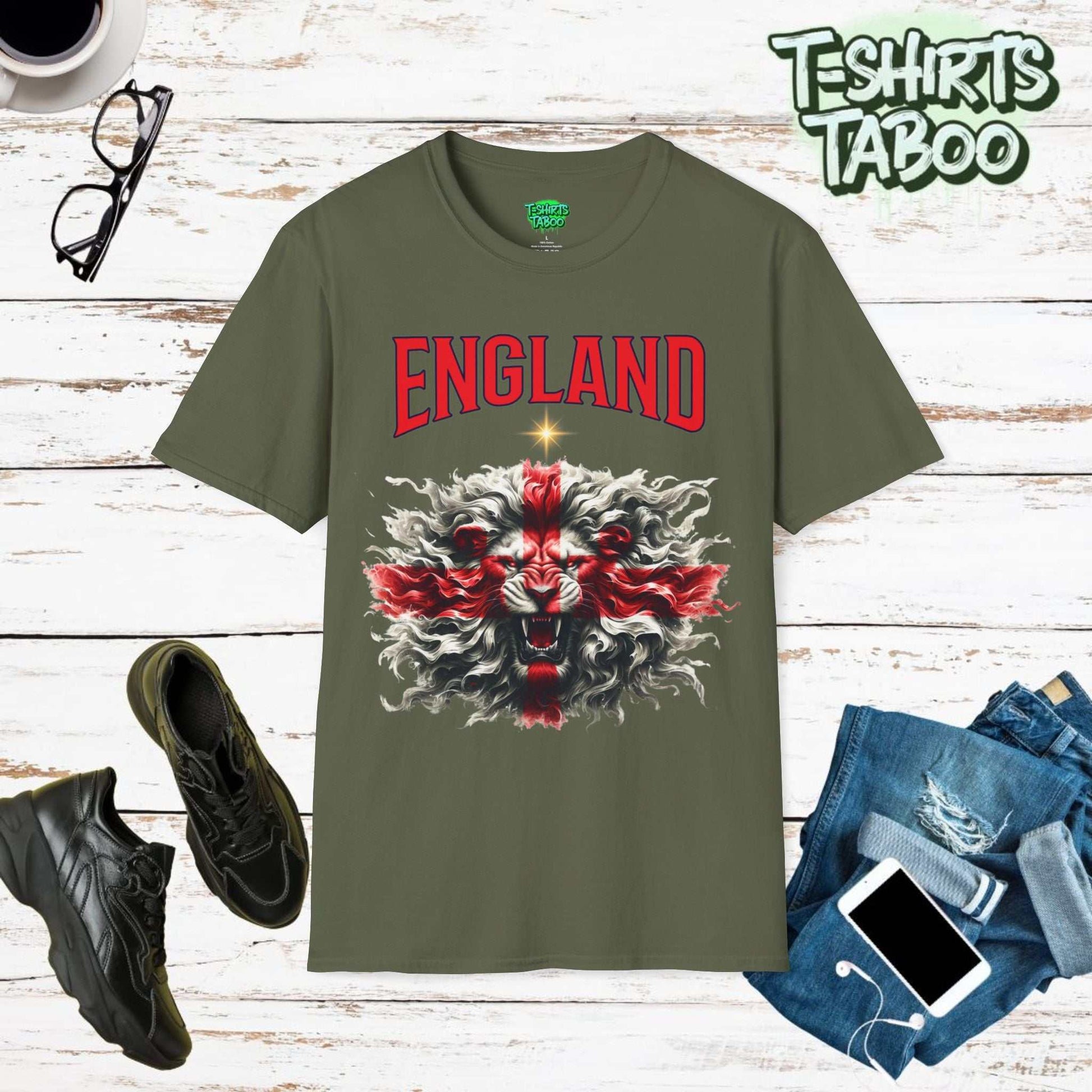 Roaring Lion Unique England Football Supporters Union Jack Flag Tshirtis a unique football t-shirt that is ideal for any England national football supporter and fans