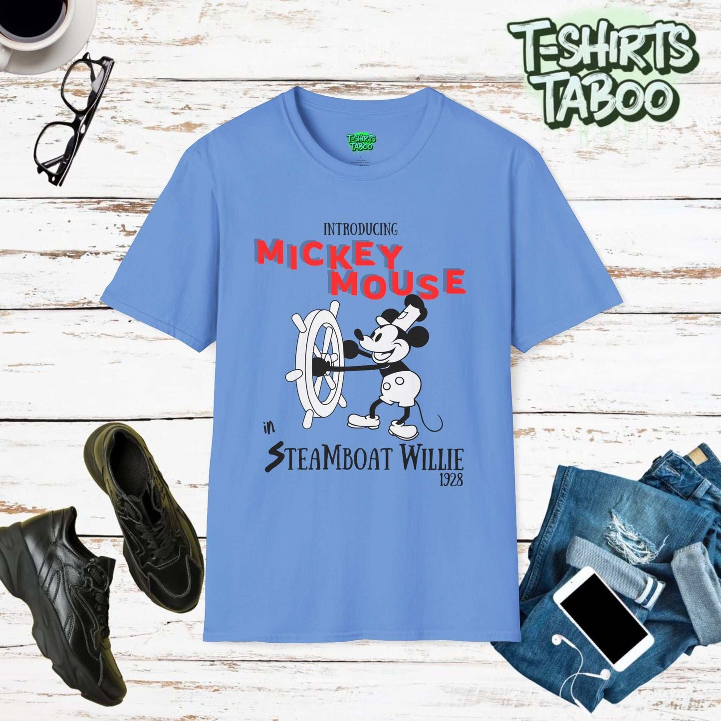 Celebrate Mickey Mouse's debut with our classic Steamboat Willie 1928 t-shirt. Vintage design, unmatched comfort, and ethically made for all Mickey fans old and new.