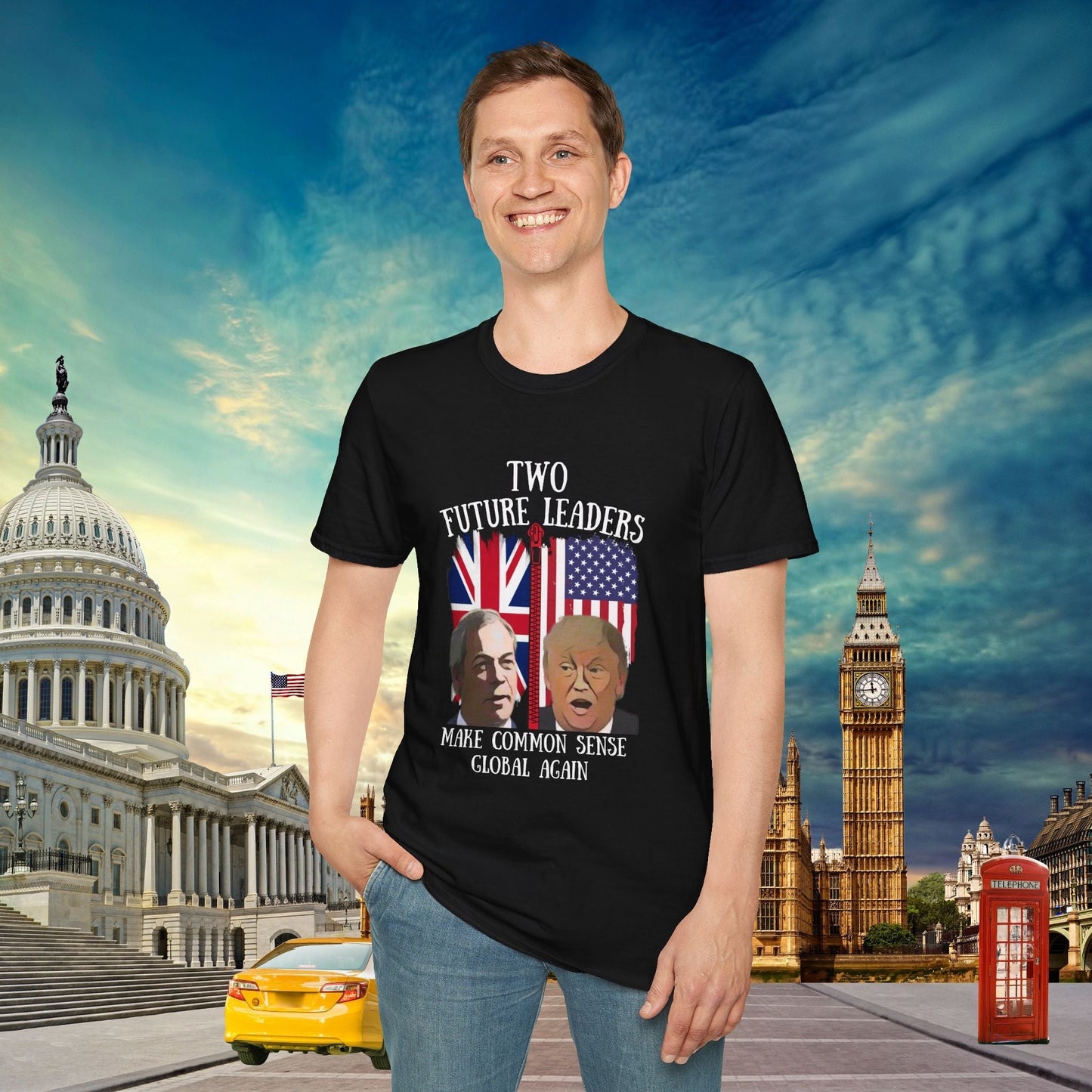 This powerful double-sided political statement t-shirt features thought-provoking messages on front and back. Our Trump shirts combines British and American politics