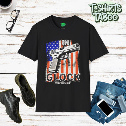 In Glock We Trust Shirt – Patriotic American Flag Gun Graphic Tee Show off your love for firearms patriotism or 2nd Amendment with this bold In Glock We Trust Tshirt