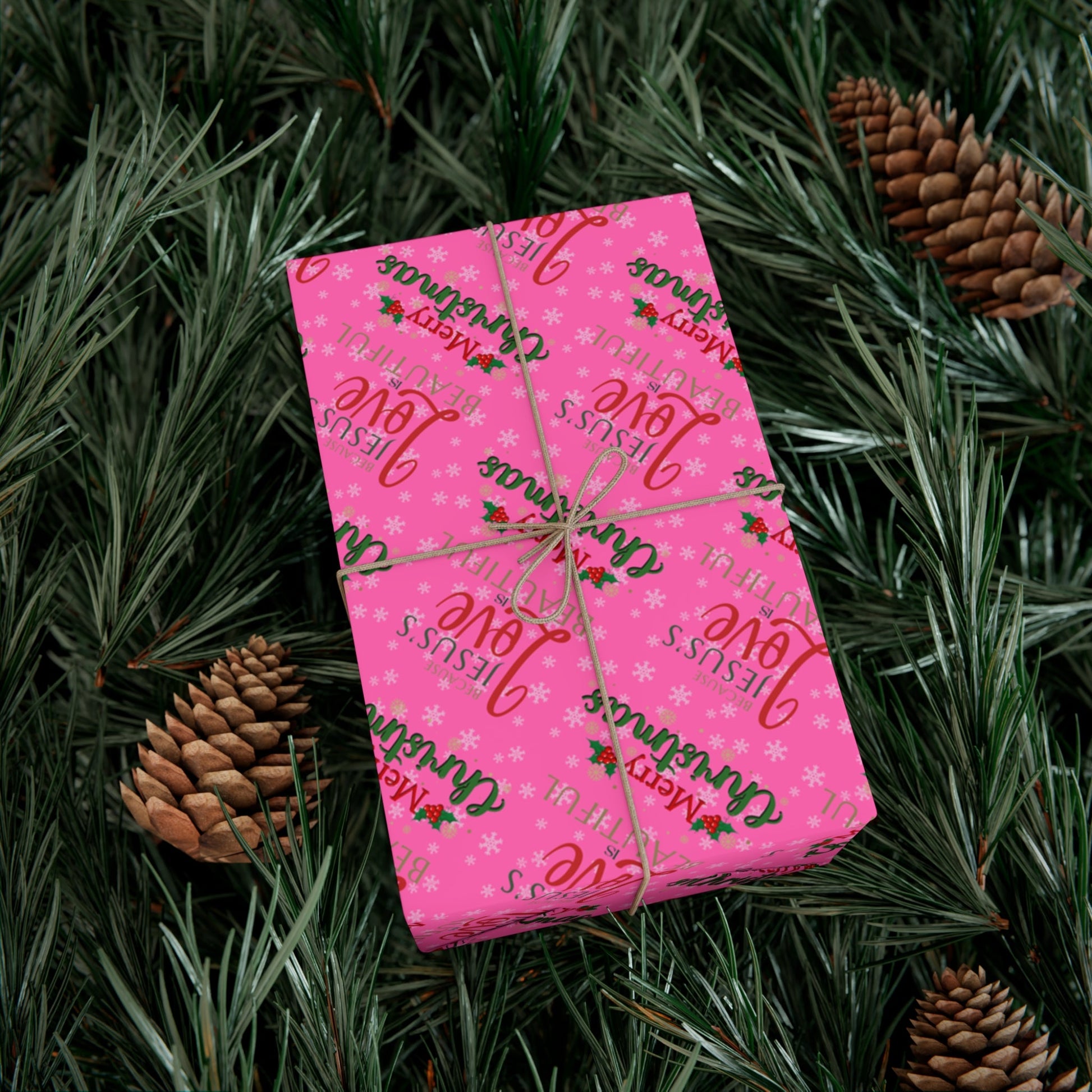 Make your holiday season sparkle with this vibrant pink Christmas wrapping paper roll! With festive words "Jesus's Love is Beautiful Merry Christmas Merry Christmas" Avalilable in 3 sizes - 30 x 20 inch 30 x 72 inch and 30 x 144 inch