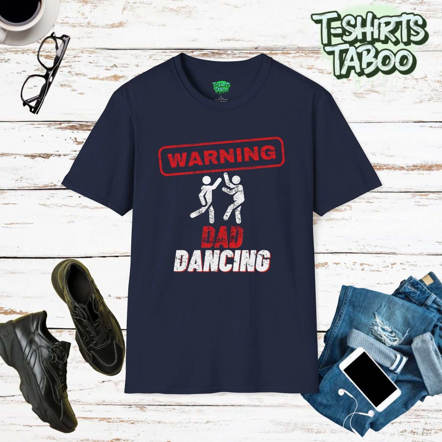 Slogan Warning dad dancing a graphic of two basic people badly dancing. Similar to the people often on road signage. Clear text t-shirt. Perfect for dad casual wear.