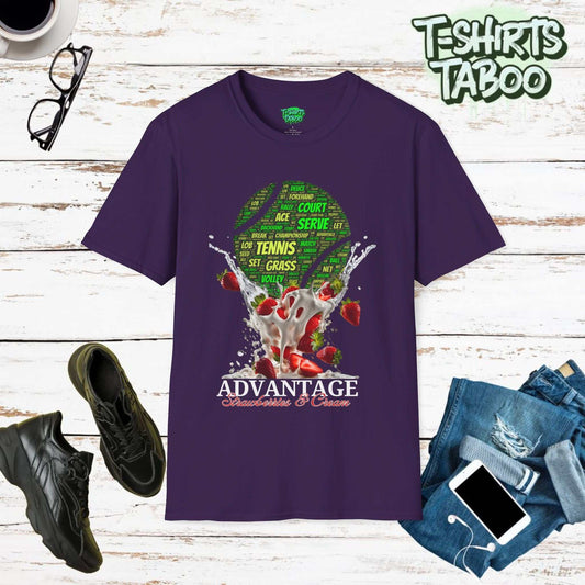 Serve up style with our "Advantage Strawberries & Cream Word Ball" t-shirt. Perfect shirt for  tennis enthusiasts who love a classic british style tournament flavor.