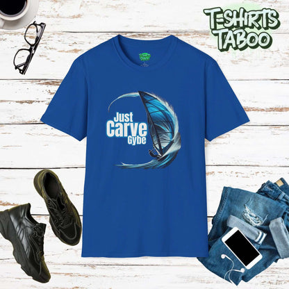 Carve Gybe T-shirt. Bold Windsurfing Tee, Surfer in Mid-Action Shirt Ideal gift for keen Windsurfers. Great Windsurfing surfer gift suitable for both men and women. 