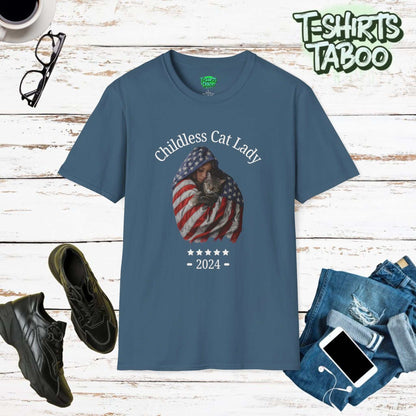 Embrace your love for cats and your pride in being a childless lady with our lovely & charming Childless Cat Lady 2024 United States  Stars and Stripes flag T-Shirt.