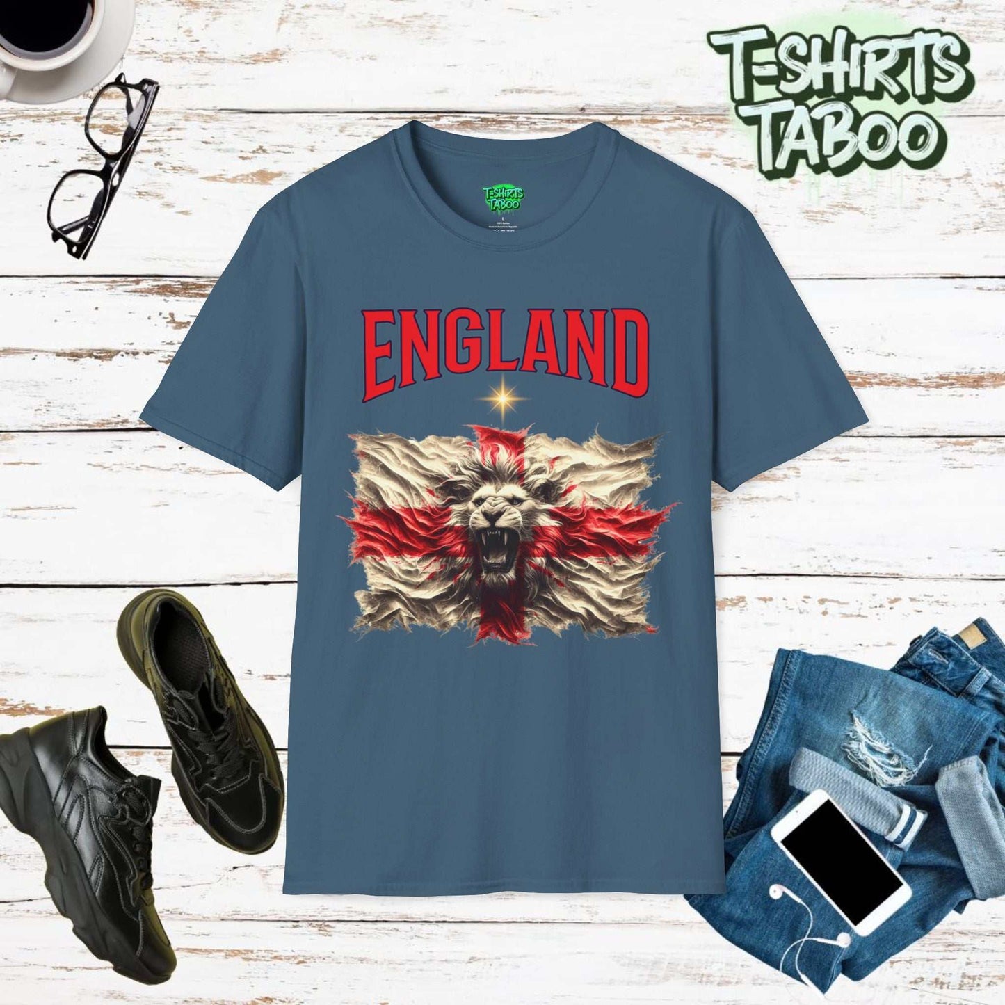 Roaring Lion Unique England Football Supporters Union Jack Flag Tshirtis a unique football t-shirt that is ideal for any England national football supporter and fans