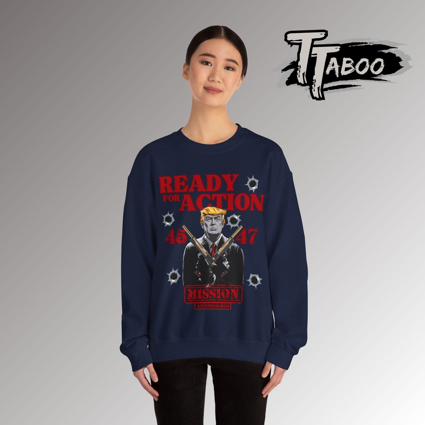 Celebrate record breaking returns with our clever political memorabilia 4547 Trump Sweatshirts with Donald Trump as the iconic Agent 47 holding duel Colt 45's Shop Now