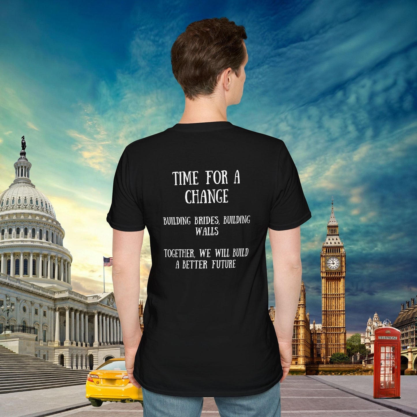 This powerful double-sided political statement t-shirt features thought-provoking messages on front and back. Our Trump shirts combines British and American politics