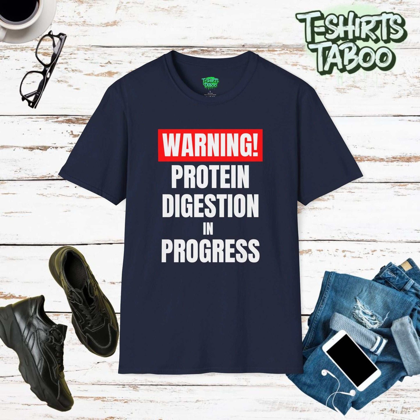 Workout tee featuring the slogan Warning Protein digestion in progress. Clear and bold text statement t-shirt.  Perfect gym goers a, workouts or for fun casual wear.