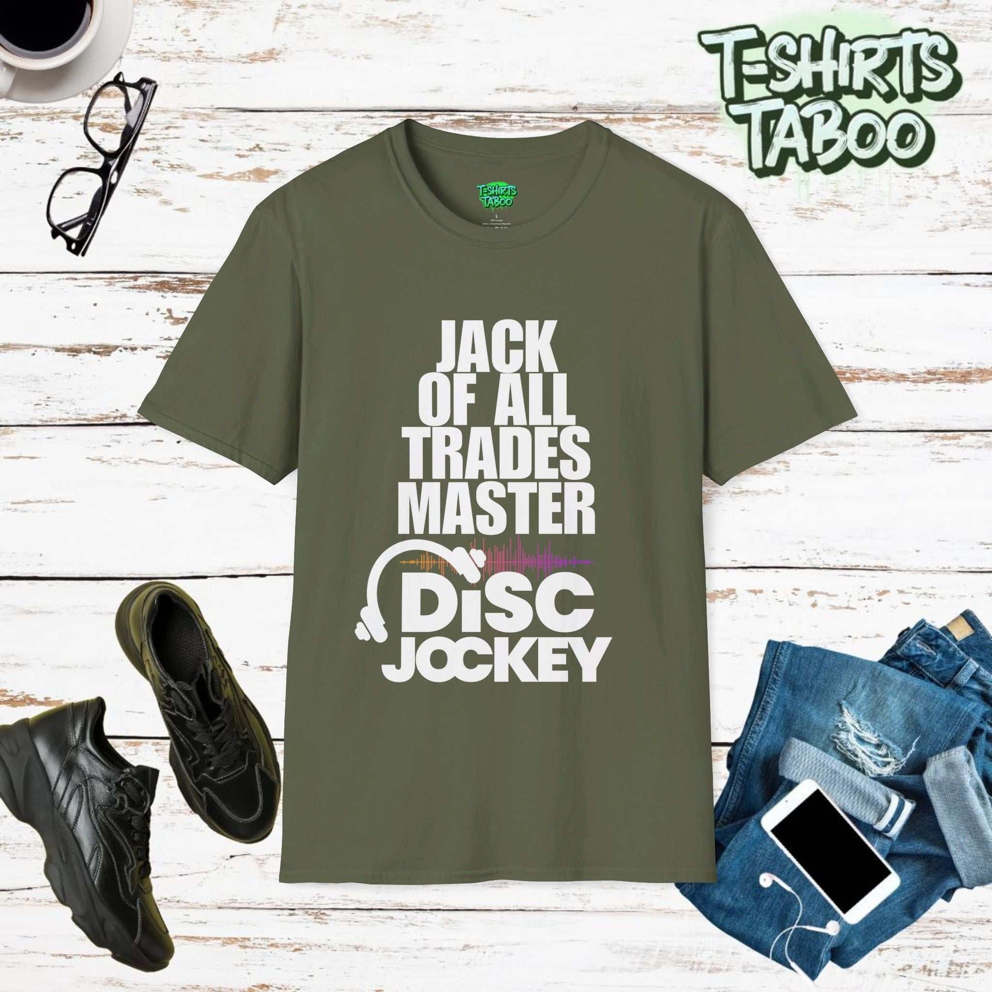 Jack Of All Trades Master of the Decks DJ Disc Jockey Headphone TShirt