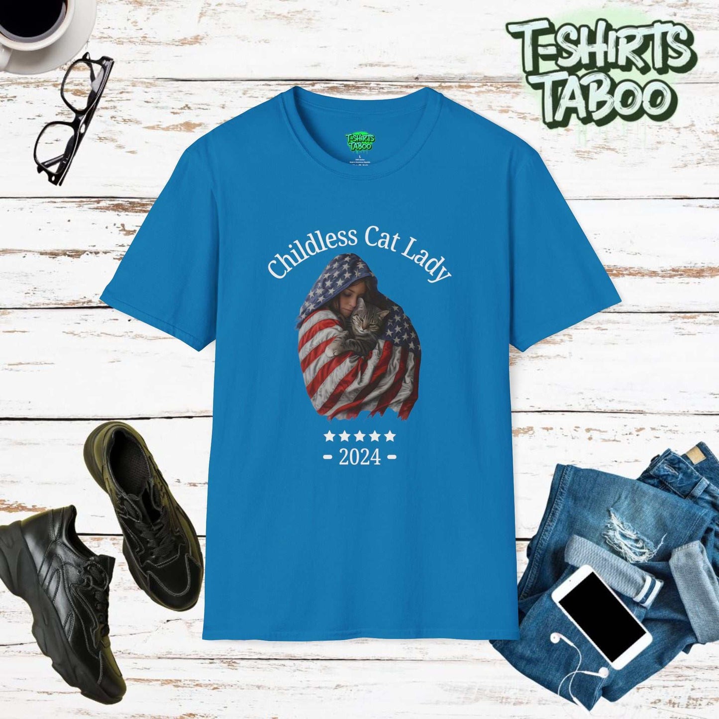 Embrace your love for cats and your pride in being a childless lady with our lovely & charming Childless Cat Lady 2024 United States  Stars and Stripes flag T-Shirt.