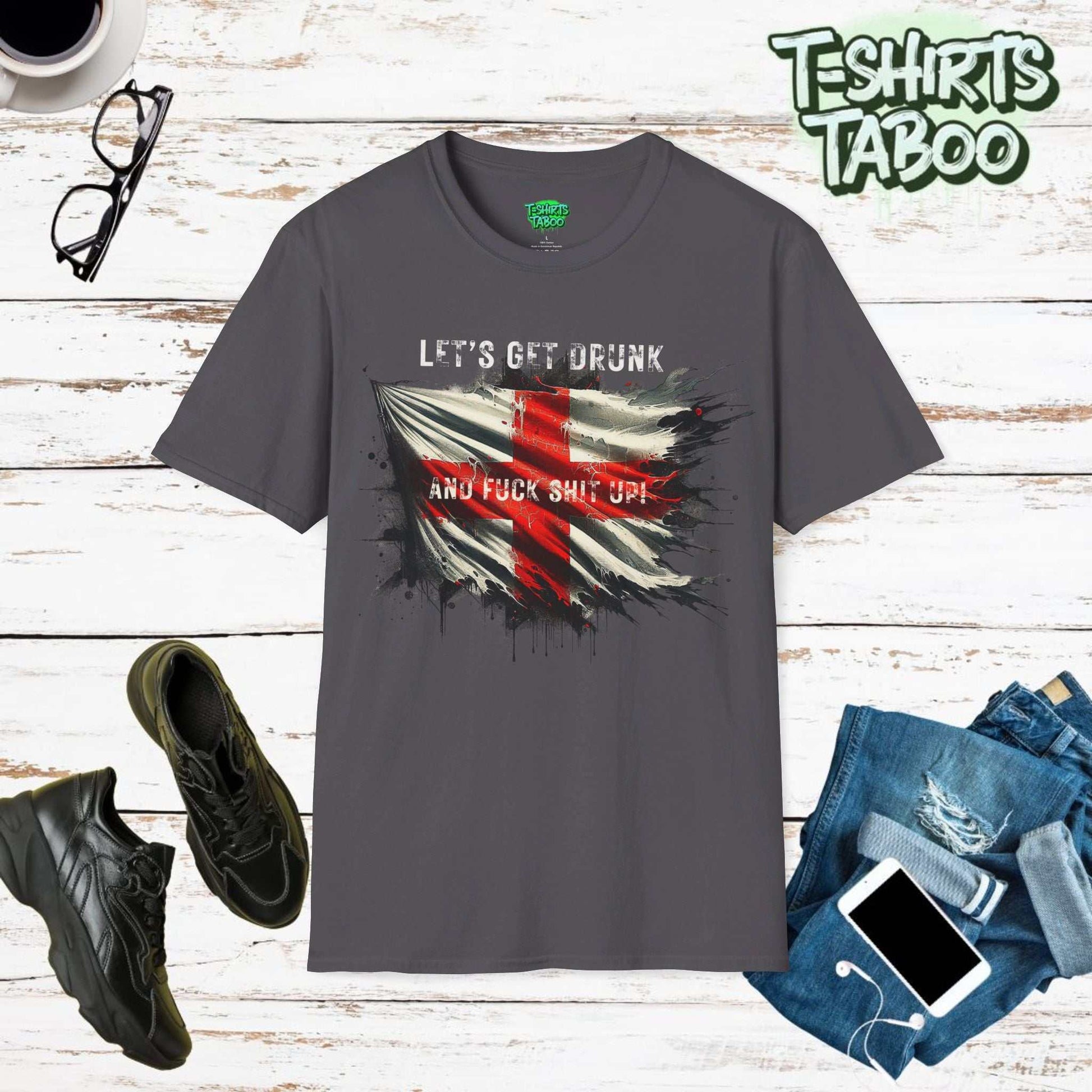 English Flag | Lets Get Drunk | Distressed Look vintage style T-shirt.