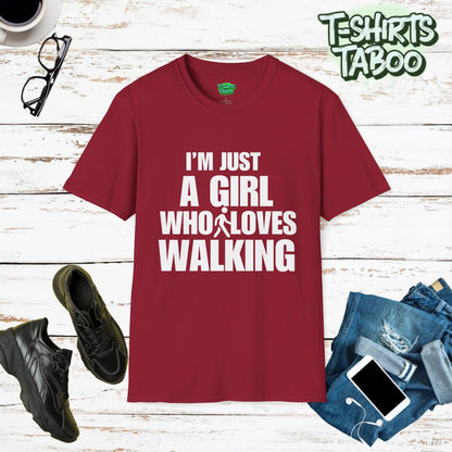 Stylish and unique T-shirt by T-shirts Taboo showing the slogan I’m just a girl who loves walking. Clear and bold texts only statement t-shirt.  Perfect casual wear.