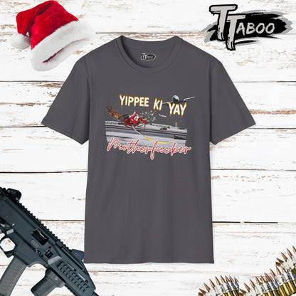 Treat your holiday wardrobe to our Die Hard Christmas Shirts, with a reamagined final scene involving a bad Santa with a bag of stolen cash. Unique to T-shirts Taboo. Grey t-shirt