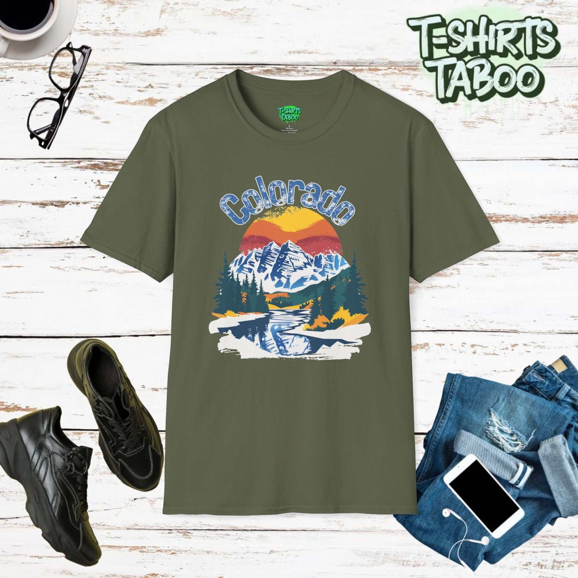 Colorado t-shirt is designed to capture the beauty of Colorado's landscapes. This captivating tee has the Rocky Mountains with the sun setting behind the mountains. 