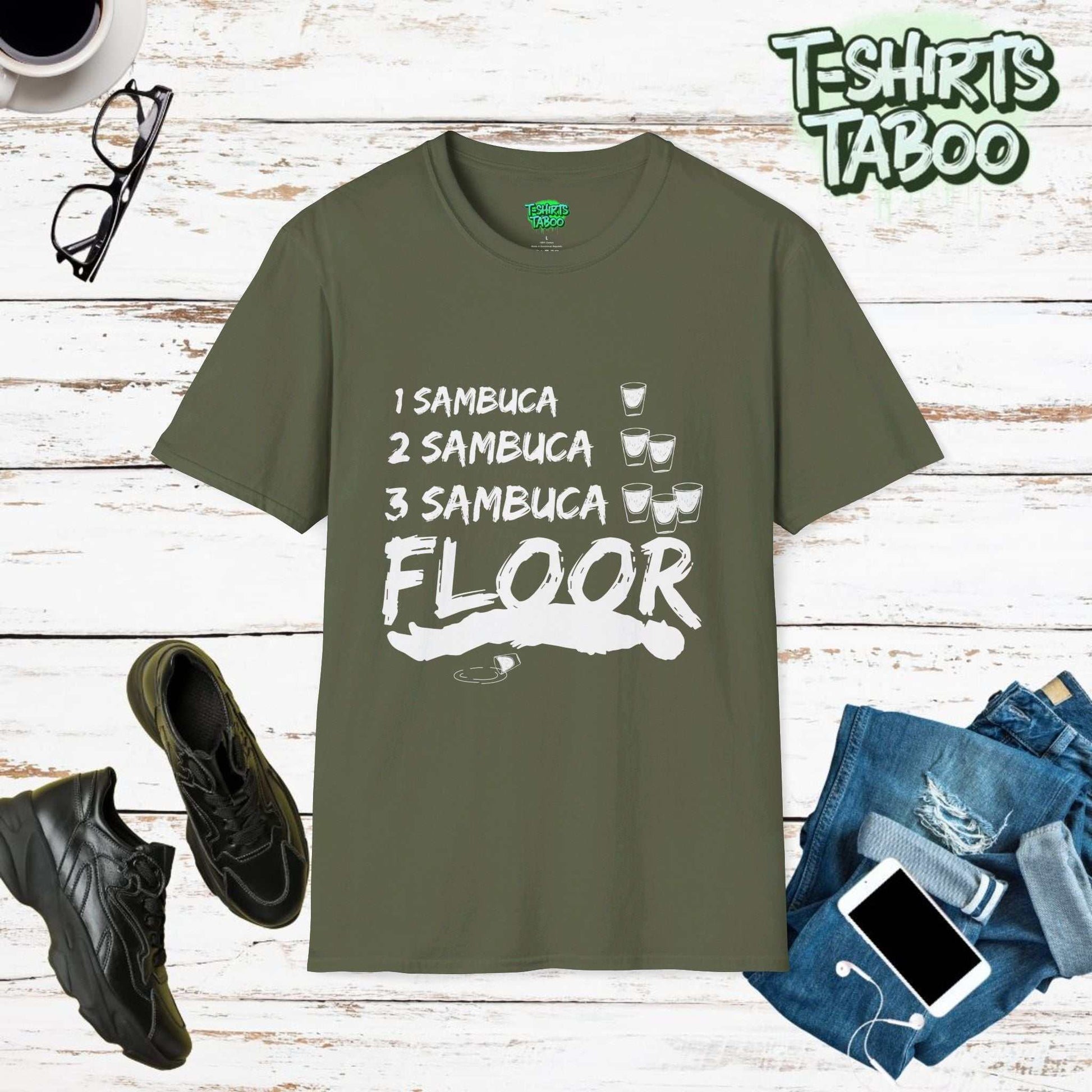 T-shirt - One Sambuca, Two Sambuca, Three Sambuca, Floor with a graphic of a person laying down on the floor after passing out with a spilt sambuca shot on the floor