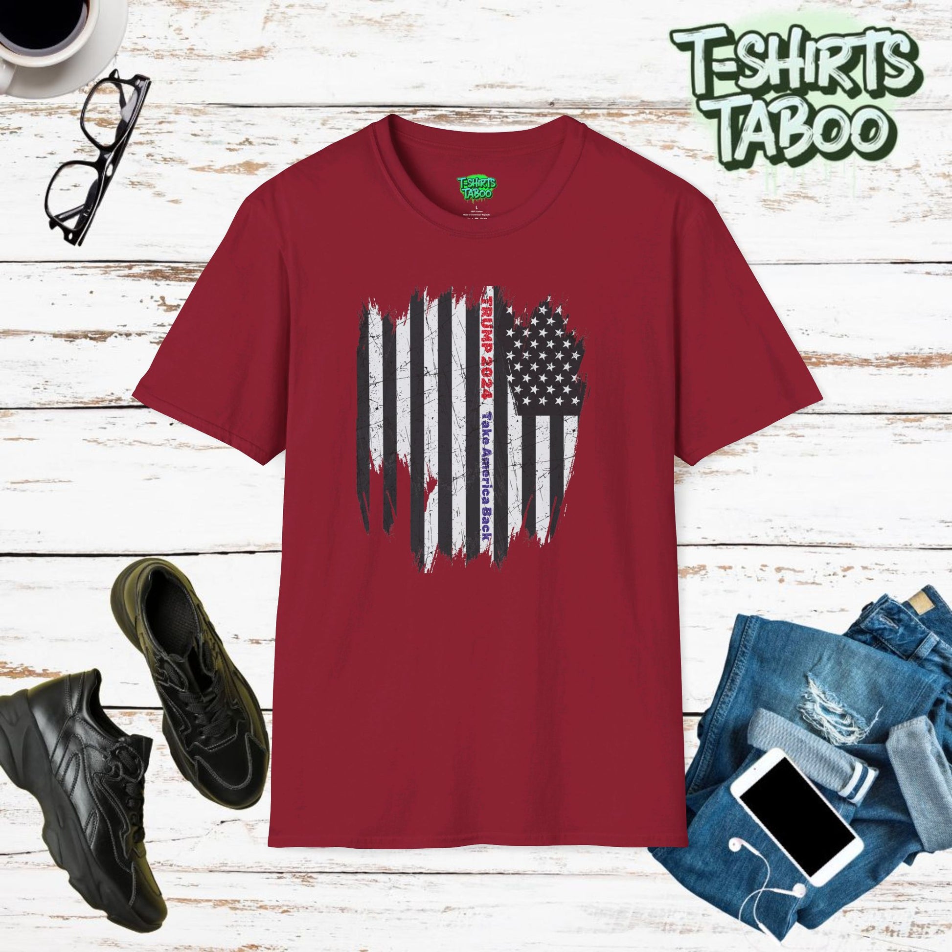 Show your support with thiShow your support with this us president t-shirt featuring a distressed grey USA flag and bold red text "Take America Back." A perfect t-shirt for patriotic Americans.s Trump 2024 t-shirt featuring a distressed grey USA flag and bold red text "Take America Back." A perfect t-shirt for patriotic Americans.