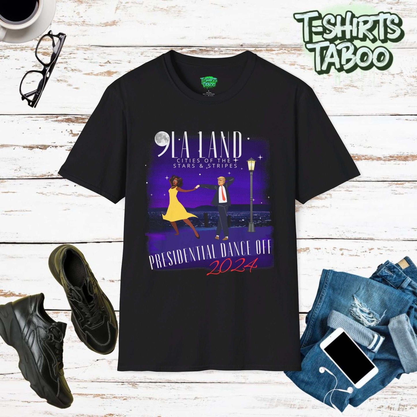 Kamala Harris Donald Trump United States Election 2024 T-shirt, crafted especially for Kamala supporters! This design showcases Kamala and Trump dancing in moonlight overlooking a city. With the text ,la land