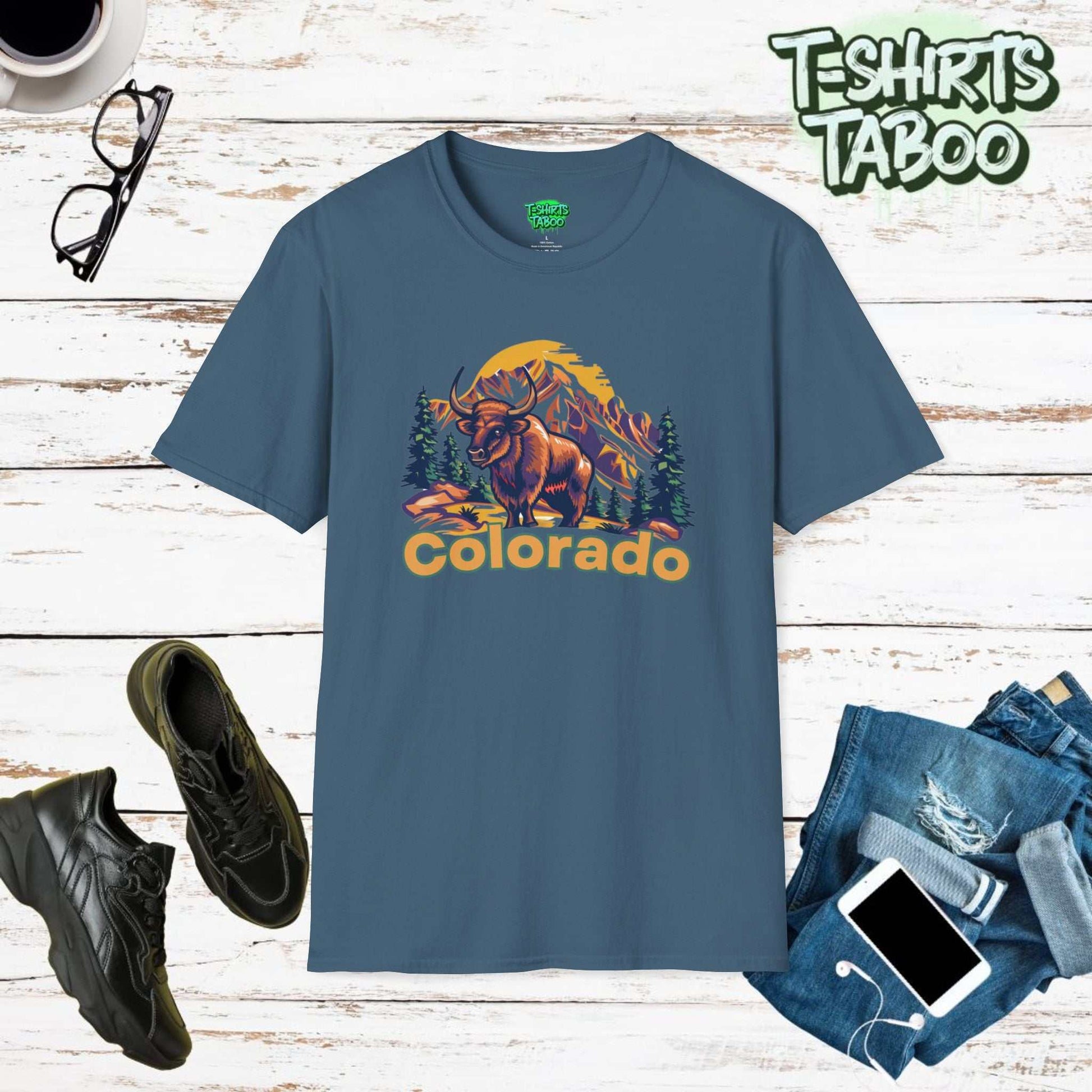 Colorado Big Horn Sheep t-shirt,this captures the majestic beauty of Colorado's wildlife and landscapes. This tee features a big horned sheep in the Rocky Mountains 