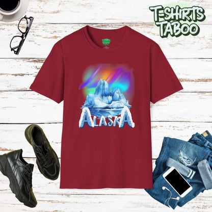 Experience Alaska glacier wild beauty with our Glacier Tee. Features frozen snow-covered text, a majestic glacier, and stunning Northern Lights. Perfect for nature lovers.