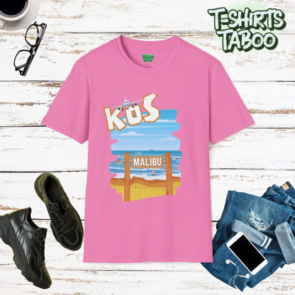 Malibu Short Sleeve Shirt with a graphic of holiday makers having fun on Malibu beach on the Greek Island of Kos - Shirt also has Kos at the top with a passenger jet