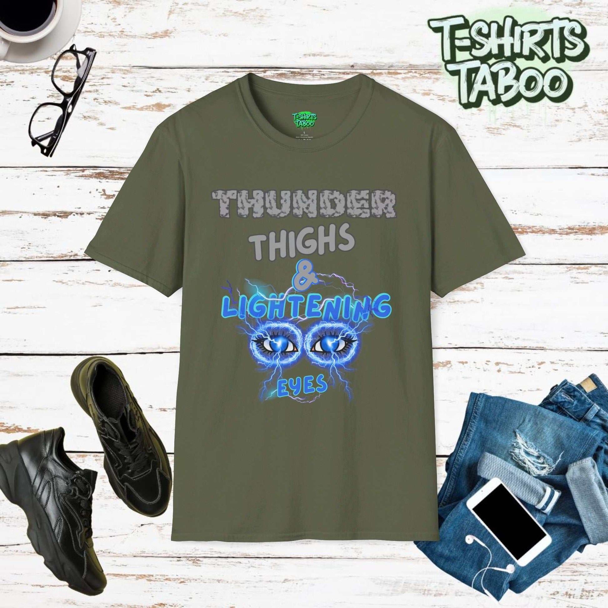 Embrace your power with our "Thunder Thighs & Lightning Eyes" t-shirt. A bold, unique shirt design that celebrates your strength and your confidence along with style