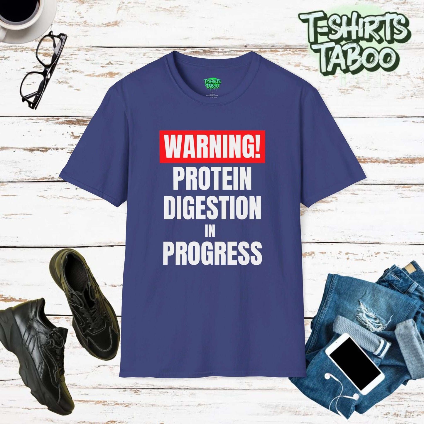 Workout tee featuring the slogan Warning Protein digestion in progress. Clear and bold text statement t-shirt.  Perfect gym goers a, workouts or for fun casual wear.