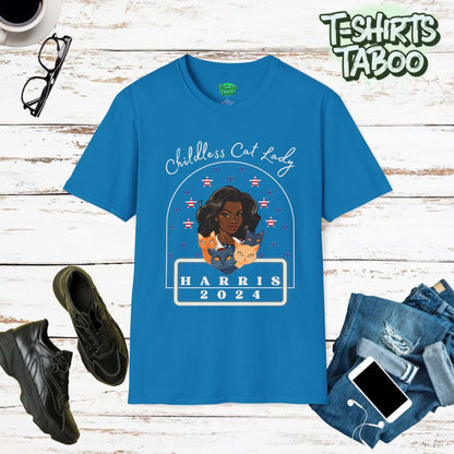 Embrace your love for cats and your pride in being a childless lady with our lovely & charming Childless Cat Lady 2024 United States  Stars and Stripes flag T-Shirt.