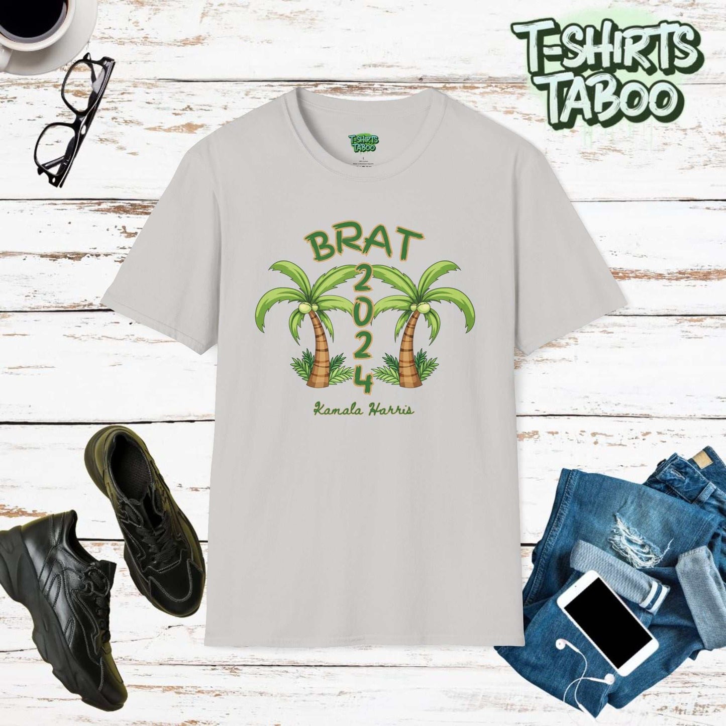 Brat Coconut 2024 Shirt a unique and playful homage to political satire with a funny tropical twist. This t-shirt design Brat 2024 Text, 2 palm trees & Kamala Harris