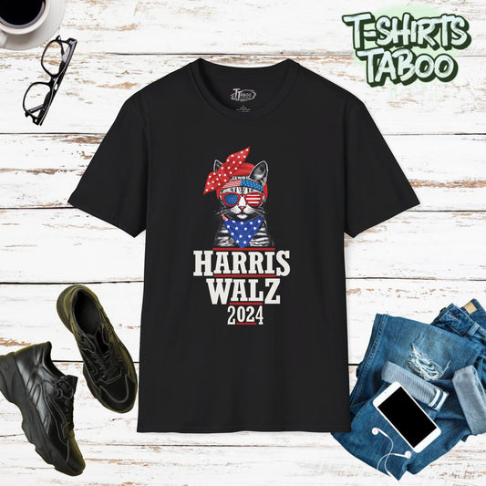 Show your support for Kamala Harris in the 2024 Presidential Election with this stylish and comfortable Harris Walz 2024 t-shirt! Featuring a cat. Childless Catlady