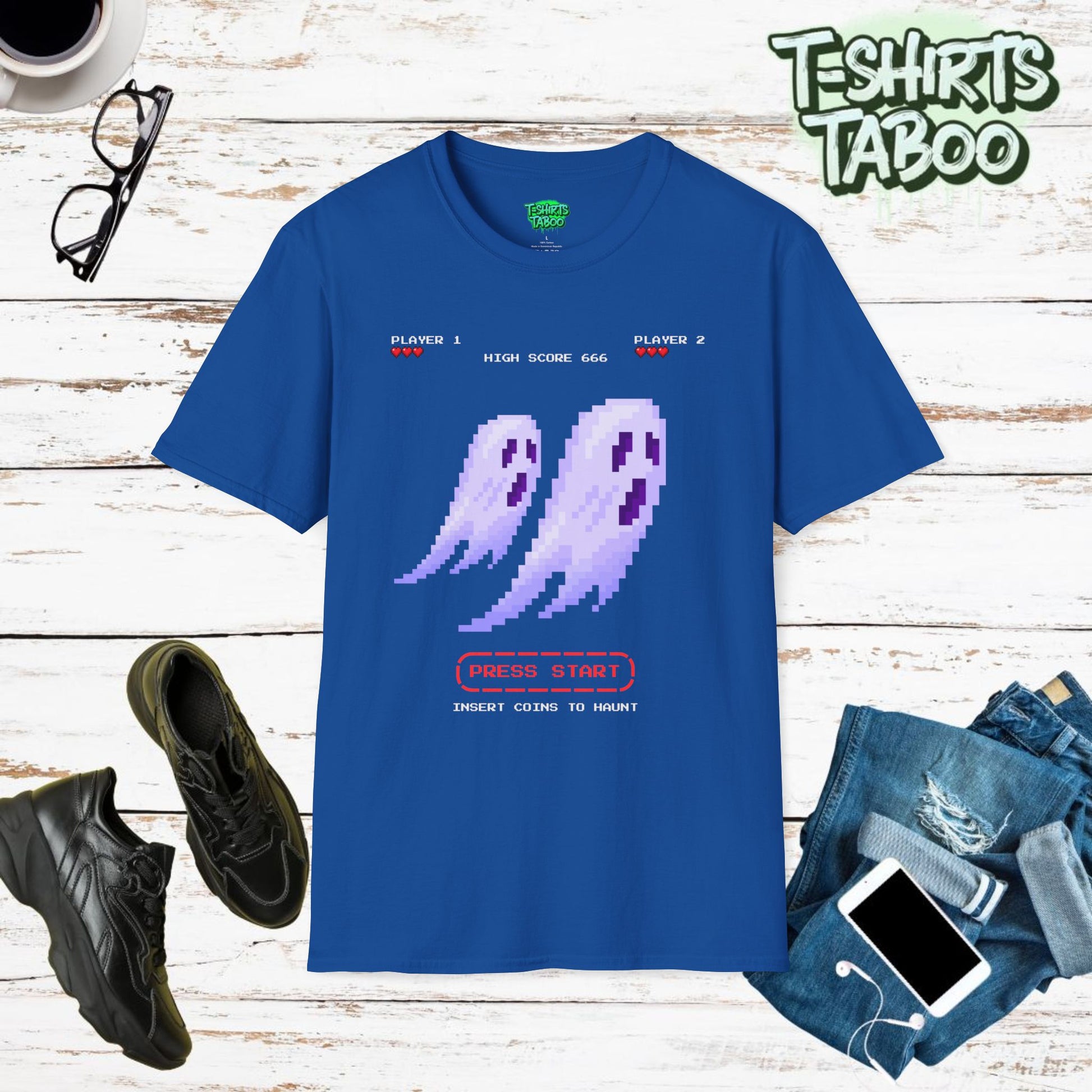 Halloween shirts - 80's style retro gaming halloween t shirt with two pixelated sheet ghosts, press start to haunt