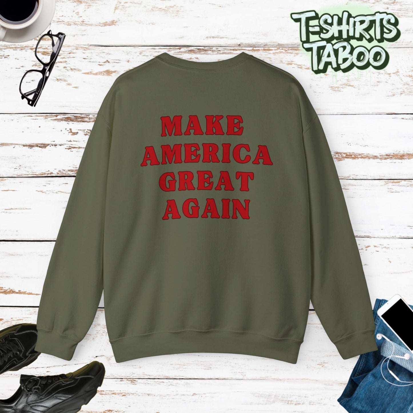 Celebrate record breaking returns with our clever political memorabilia 4547 Trump Sweatshirts with Donald Trump as the iconic Agent 47 holding duel Colt 45's Shop Now