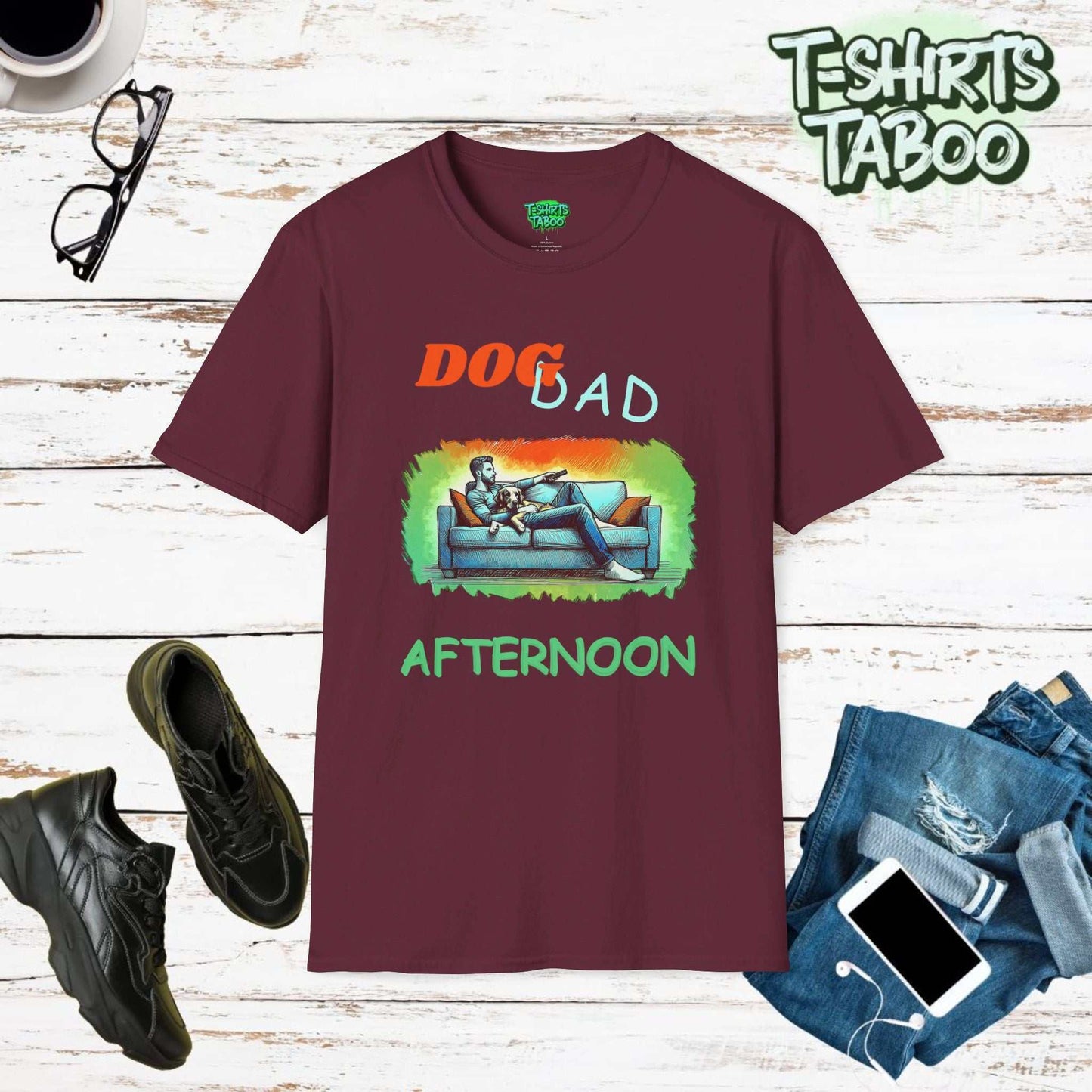 Fathers Day unique tee by T-shirts Taboo featuring the slogan Dog Dad afternoon and an image of a Dad on the sofa with a dog with him watching the football on the tv