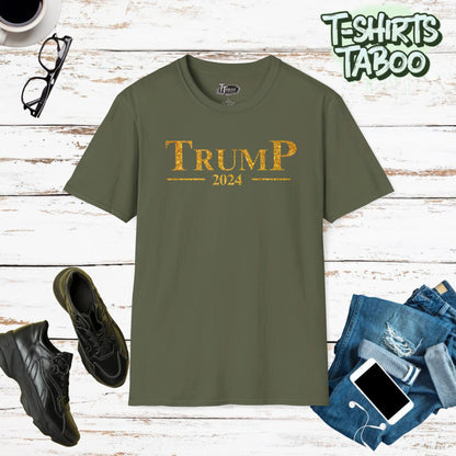 Trump shirt 2024 T-Shirt – Unisex, Sizes XS-5XL Show your support for Donald Trump with this stunning Trump 2024 t-shirt, featuring a bold gold glitter effect text.