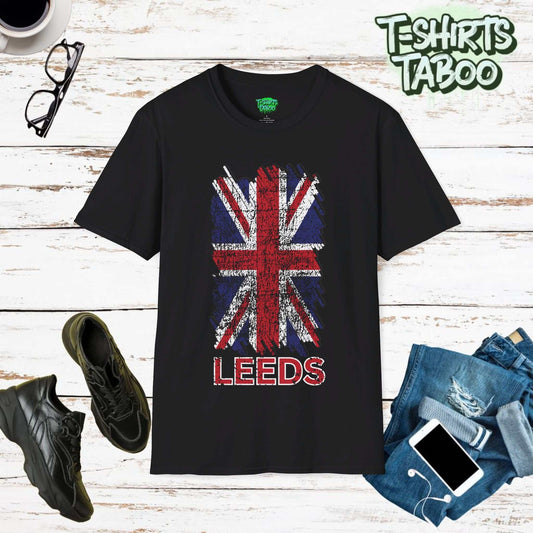 Celebrate British pride and heritage with our Union Jack Flag Distressed Style T-Shirt. This  tee has a beautifully distressed Union Jack flag, with text Leeds