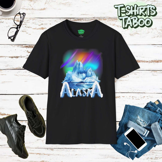 Experience Alaska glacier wild beauty with our Glacier Tee. Features frozen snow-covered text, a majestic glacier, and stunning Northern Lights. Perfect for nature lovers.