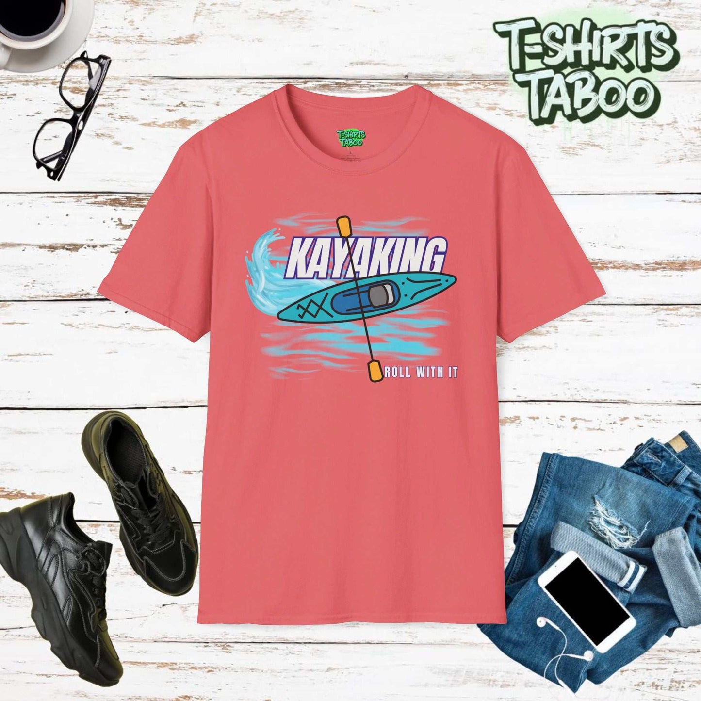 Paddle in style with our "Kayaking Roll With It" t-shirt. Perfect for kayaking enthusiasts who love to roll with the waves and tackle any challenge on the water.