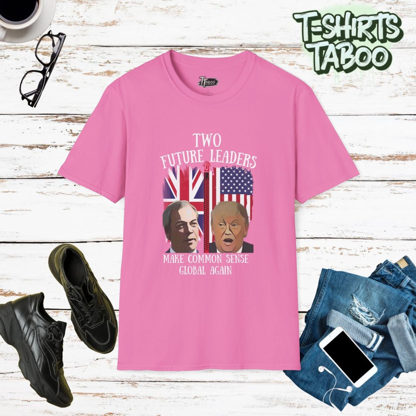 This powerful double-sided political statement t-shirt features thought-provoking messages on front and back. Our Trump shirts combines British and American politics