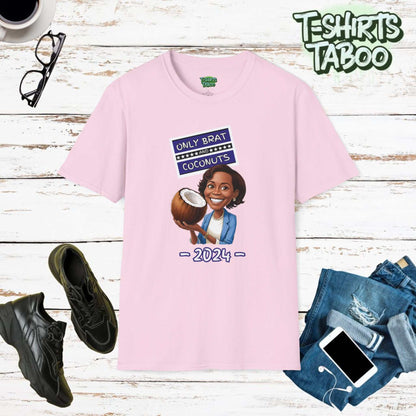 Kamala is Brat Coconut 2024 T-Shirt, a unique and playful homage to both political satire and classic TV nostalgia. T-shirt features Kamala Harris Holding a Coconut.