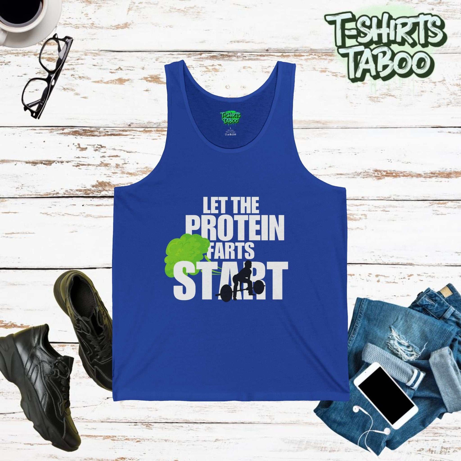 Workout Tank with the slogan Let the Protein farts start. Bold text funny joke tank with graphic of weightlifter lifting weights whilst farting.  Great for workouts.