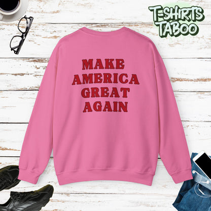 Celebrate record breaking returns with our clever political memorabilia 4547 Trump Sweatshirts with Donald Trump as the iconic Agent 47 holding duel Colt 45's Shop Now