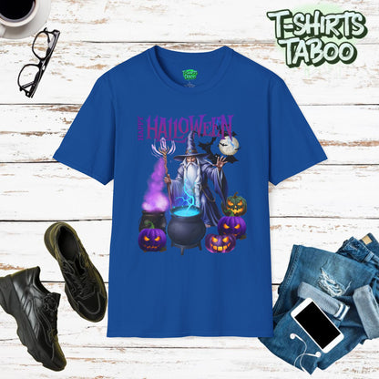 Embrace the magic of Halloween with our Halloween shirts. The Happy Halloween Wizard and Cauldron T Shirt is a enchanting design with mystical wizard casting spells.