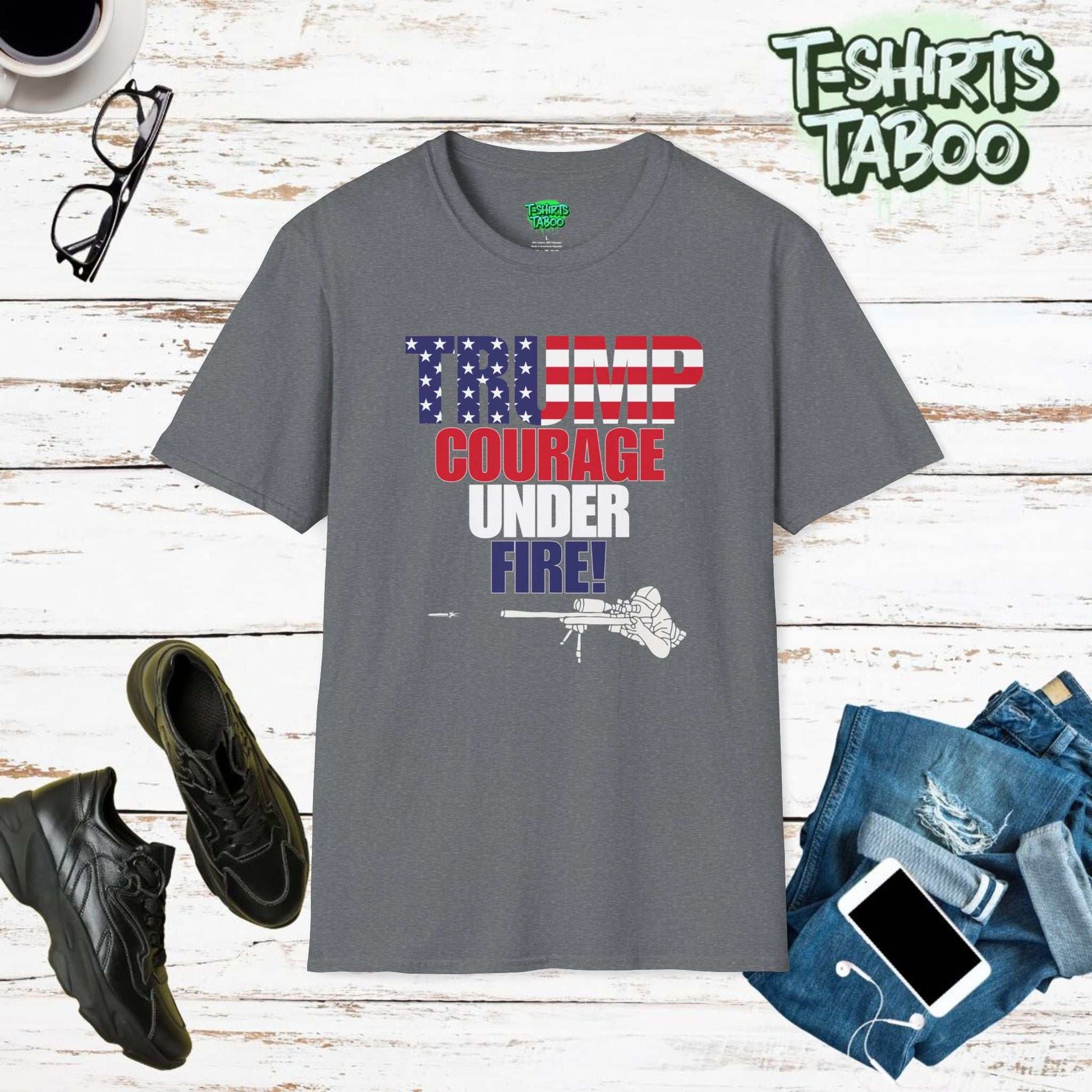 Show your support for Donald Trump with our "Courage Under Fire" t-shirt. Featuring bold Trump lettering and a striking sniper image. Perfect for any Trump supporter