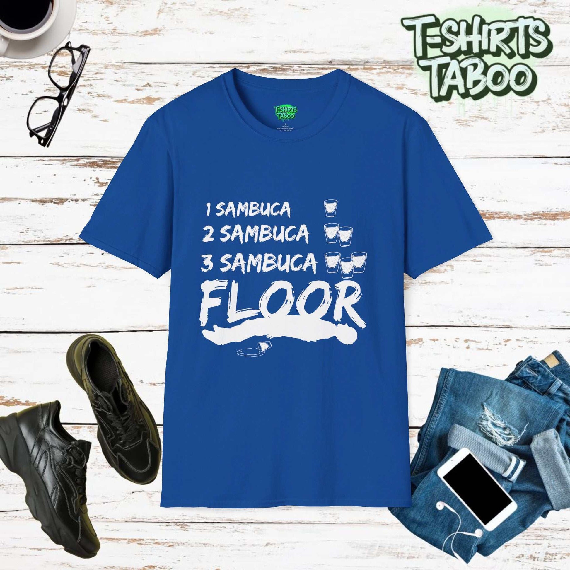 T-shirt - One Sambuca, Two Sambuca, Three Sambuca, Floor with a graphic of a person laying down on the floor after passing out with a spilt sambuca shot on the floor