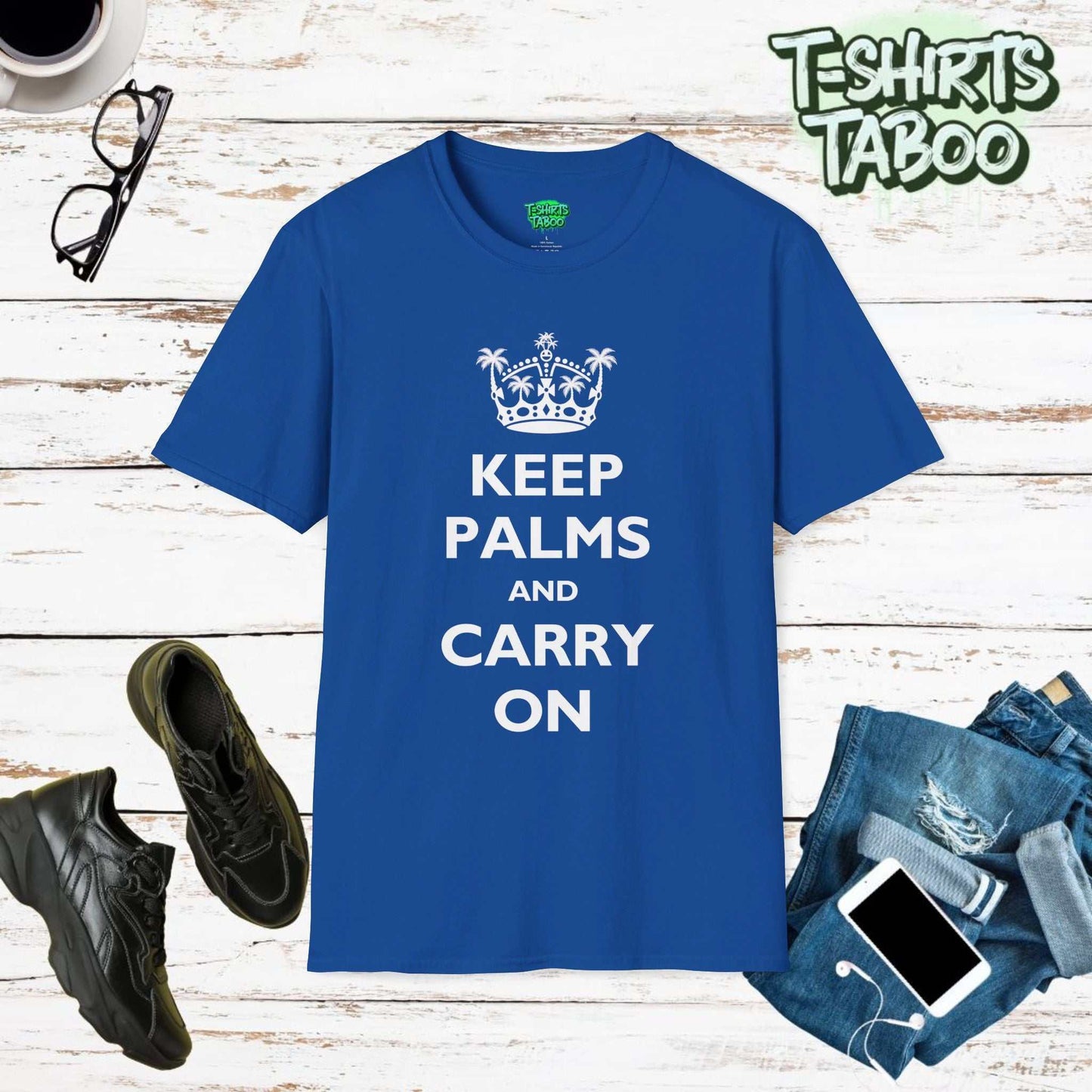 Our Keep Palms and Carry On T-Shirt is cleverly designed for those who love a touch of tropical humour. This shirt is a playful twist on the classiic British slogan.