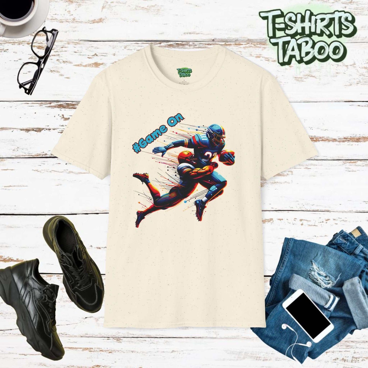 Game On American Football Shirt. Colourful Vibrant Stylish Graphic Tee, This t-shirt features a football player graphic and text Game on it's great for football fans