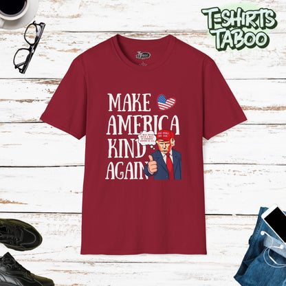 Spread a message of kindness and healing with this thoughtfully designed Trump Shirt featuring compelling artwork on both sides. "Make America Kind Again" Shop Now