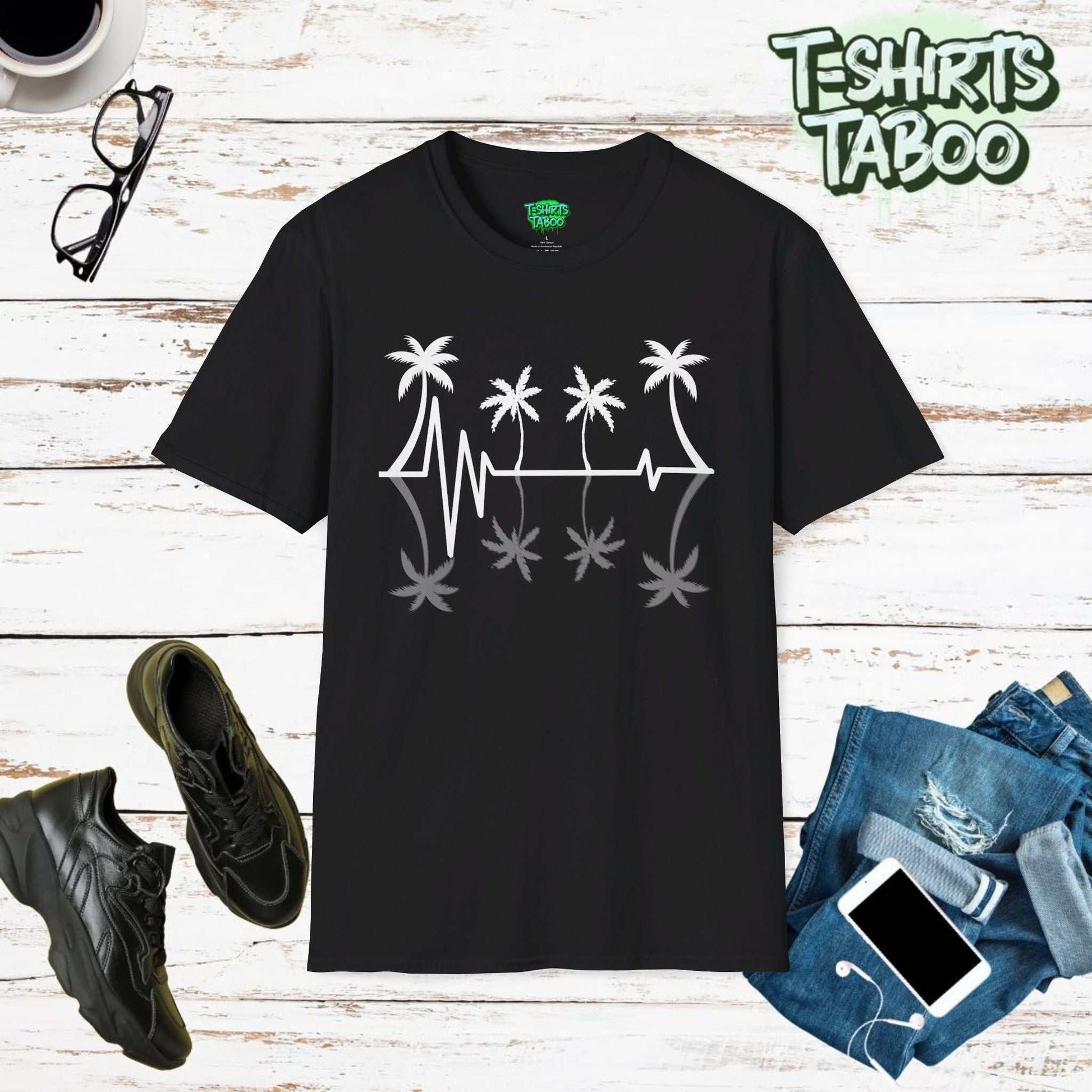 Experience the 'Palm Life' with our tee featuring a heartbeat graphic and palm trees. Perfect for those who love tropical vibes and beach life.